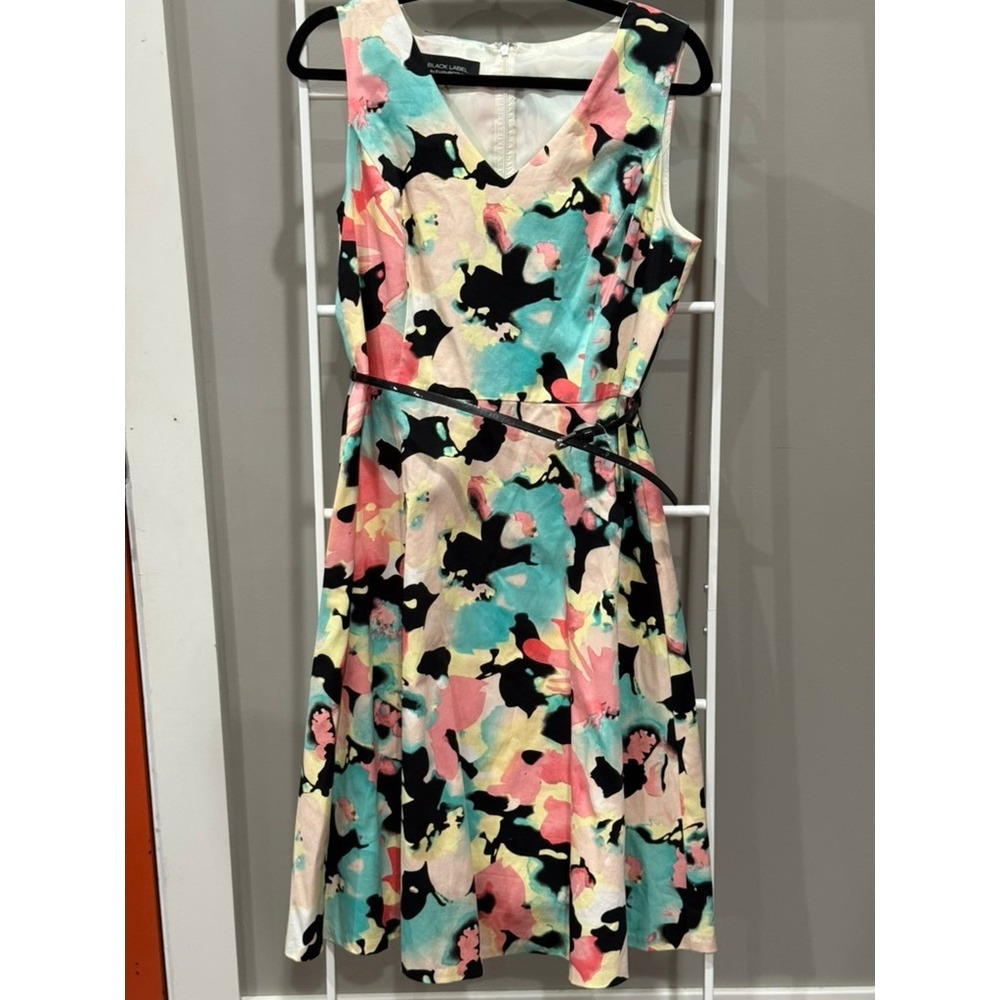 Black Label by Evan-Picone Floral Watercolor Fit Flare Dress 10 Bloomcore Artsy